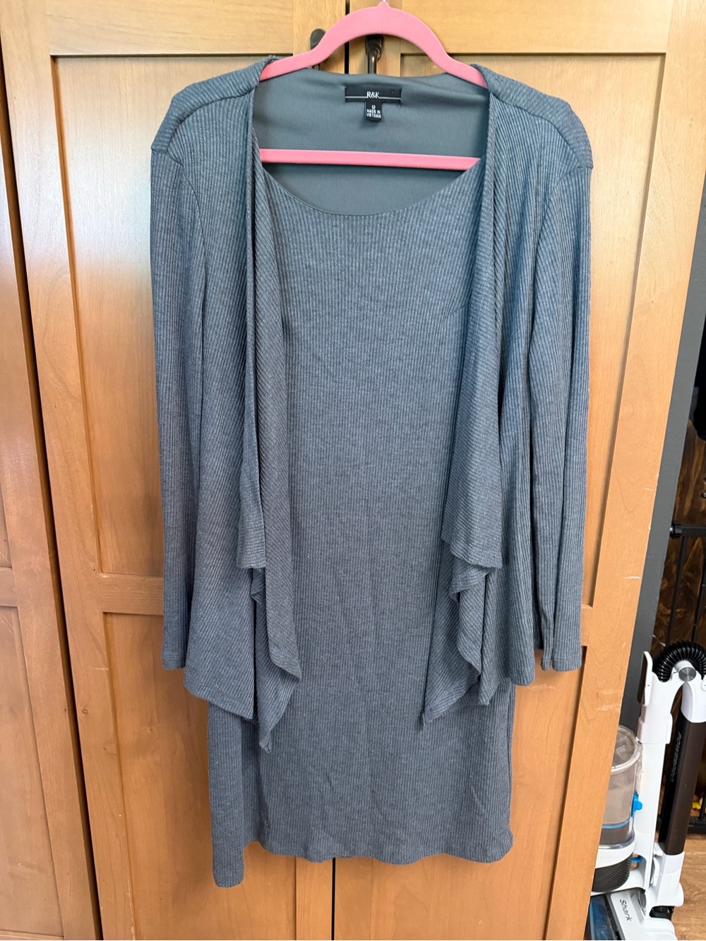 R&M Richards Gray Ribbed Knit Dress with Draped Open Cardigan